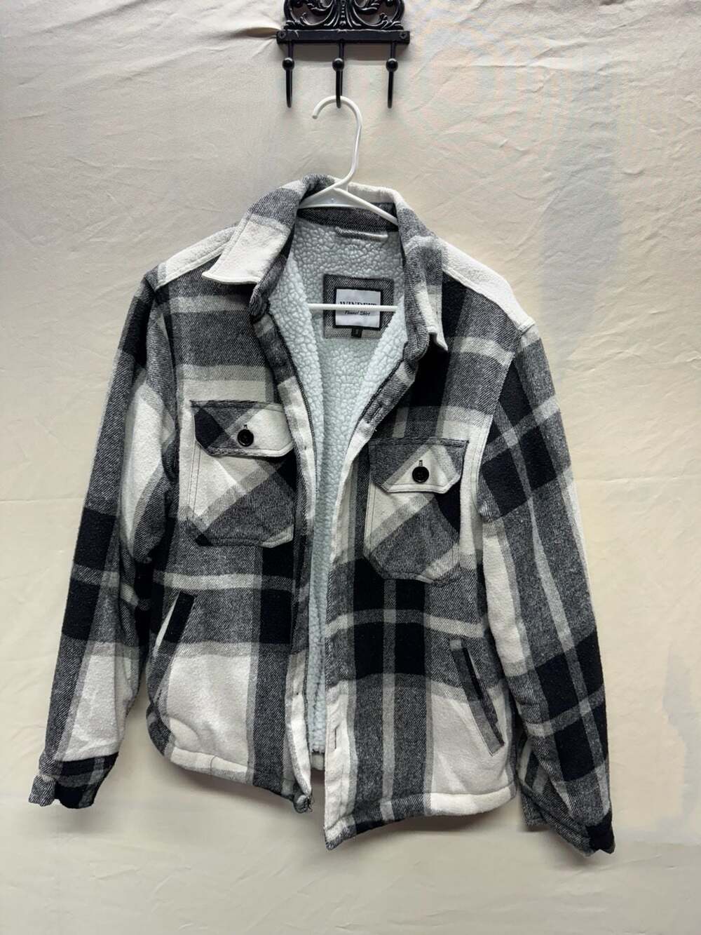WINDFIT Flannel Shirt Jacket Size S Black White Plaid Sherpa Lined
